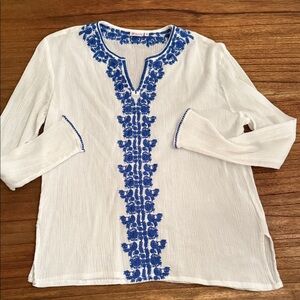 SEVYA handmade  White Tunic with Blue Embroidery size M